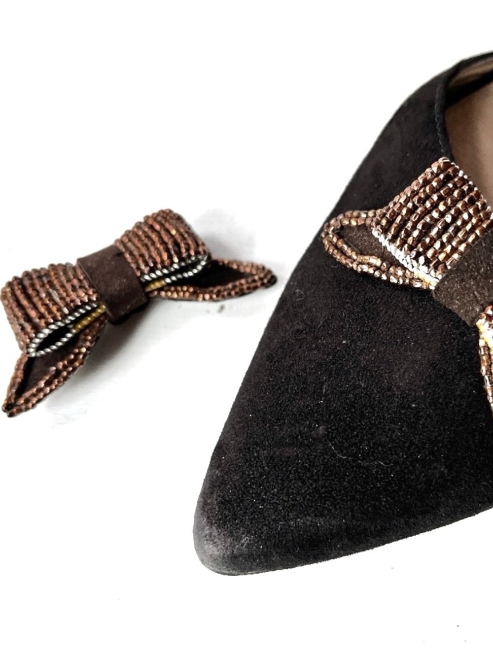 1940's Suede Beaded Copper Shoe Clips Vintage Feminine Sweater Bow Pin Barrette